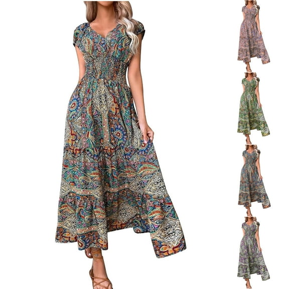 Xunlbb Summer New Women's Dress Bohemian Style Dress V-neck Floral Print Large Hem Long Dress Short Sleeves Trendy Summer Beach Sundress Plus Size S-XXXL