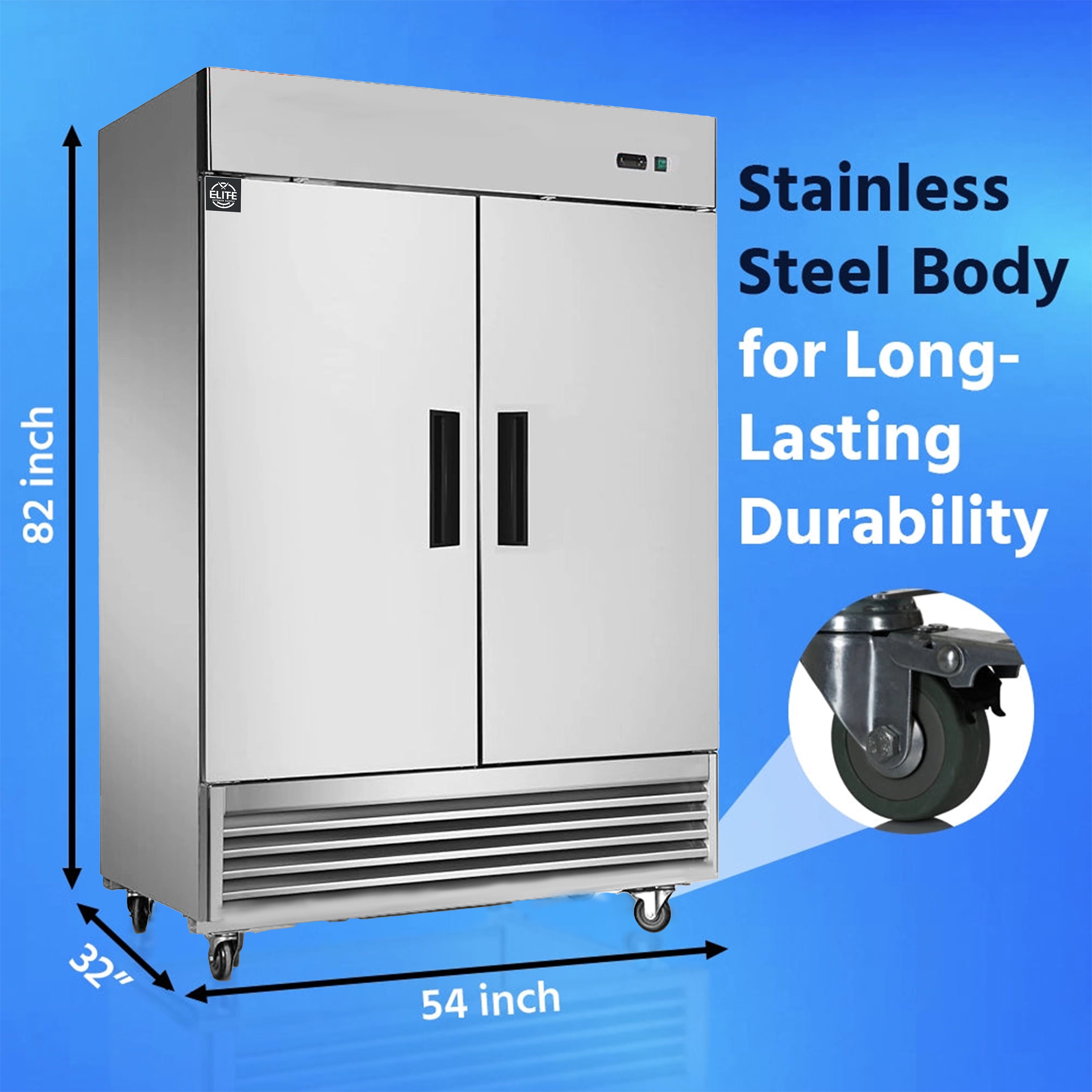 54 in. Reach-In Refrigerator, 2 Solid Doors, 49 Cu. Ft. Stainless Steel, 2 section, NSF Certified