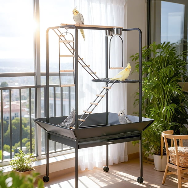 Yeshouse Jaula para pájaros de 64" con centro de juegos, ruedas bloqueables, aro giratorio y bandeja extraíble, gimnasio con perchas y escaleras para loros, guacamayos y periquitos
