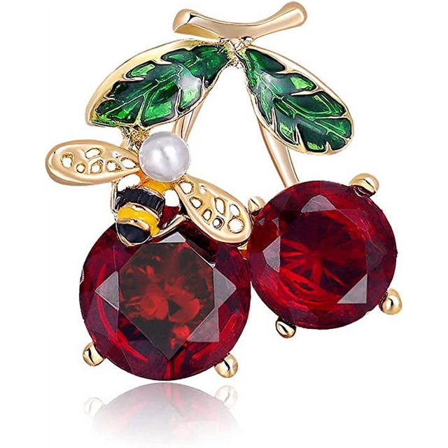 Broche para mujer de cristal rojo con forma de cereza, broche de abeja, broche de boda, ramillete de cereza, broche para mujer, vestido, bufanda, accesorios de ropa, joyería, regalo para novia y niña