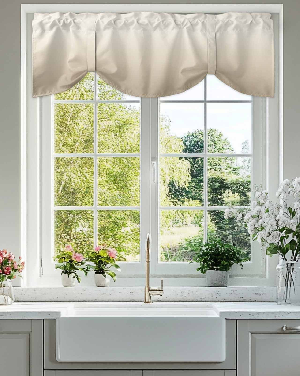 Beige Brown Tie Up Valances Curtain, Adjustable Kitchen Gradient Solid Color Ombre Modern Art Valances for Windows Decor, Rod Pocket Short Curtains Set for Bedroom/Bathroom, 60"x18"