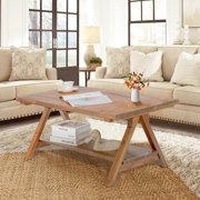 Farmhouse Coffee Table for Living Room, 2-Tier Solid Wood Coffee Table, Rustic Rectangular Coffee Table with Storage Open Shelf, Natural
