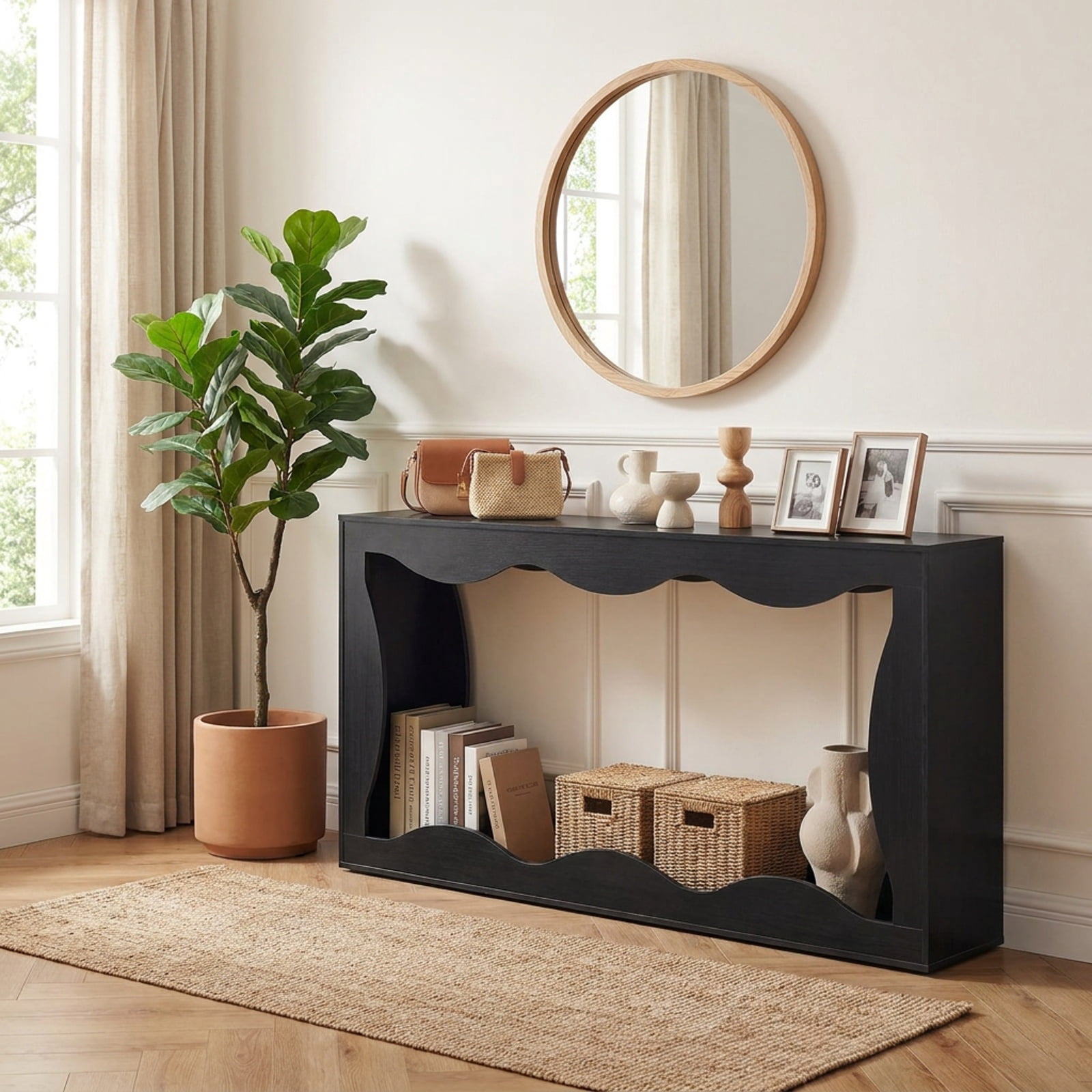 Furnibear 63 Inch Long Narrow Console Table 2 Tier Entryway Table with Wavy Edge Storage Shelf for Hallway Living Room, Black