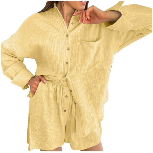 Womens 2 Piece Lounge Tracksuit Outfit Sets Cotton Button Down Shirt and Casual Shorts Set