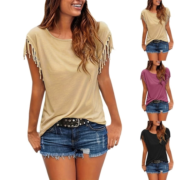 QHWAUAKFBN T Shirts For Women Trendy Western Fringe Slim Fit Short Sleeves Tshirts Top