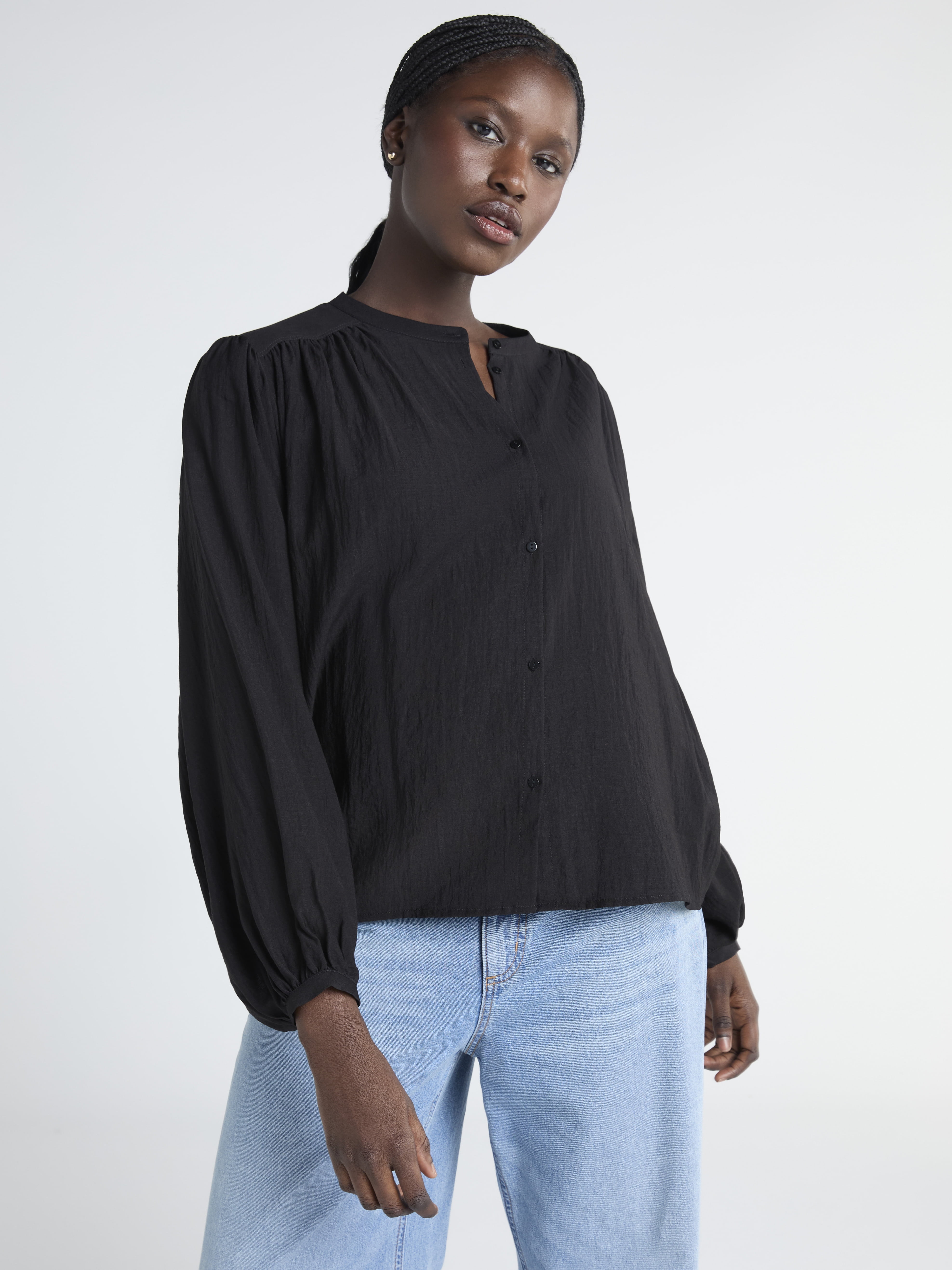 Scoop Women's Crinkle Gauze Blouson Shirt with Long Sleeves Sizes