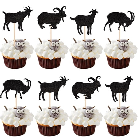 12 Pack Black Glitter Goat Silhouette Cupcake Toppers, Farm Animal Picks for Farmhouse Birthday Party Cake Decorations Supplies