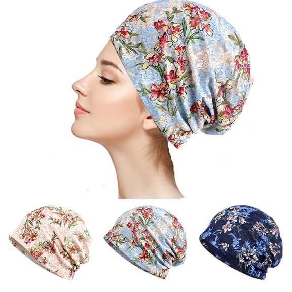 Ludlz Floral Lace Beanie Hat, Soft Chemo Cap Stretch Slouchy Turban Headwear,Bohemian Fashion Hair Wrap Sleep Cap