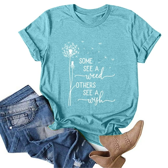 Aayomet Graphic Tees For Women Women's Blouse Casual Letter Print Short Sleeve O Neck Loose Graphic Tees For Women Sky Blue,M