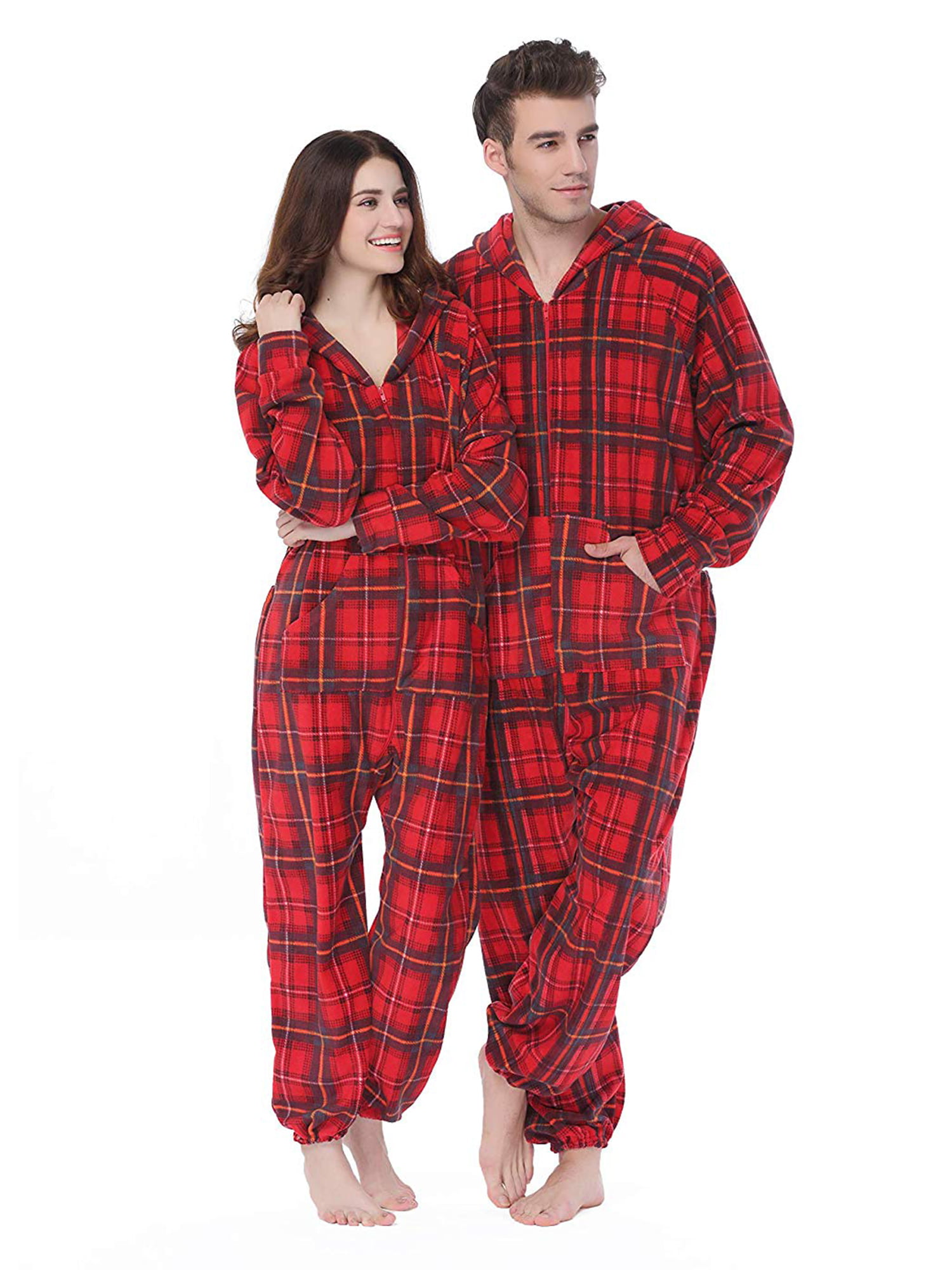 Adult Unisex Plaid Hooded Adult Onesie Pajamas Plus Size Fleece Warm ...