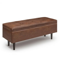 Shay 48 inch Wide Mid-Century Rectangular Storage Ottoman in Distressed Saddle Brown Vegan Leather