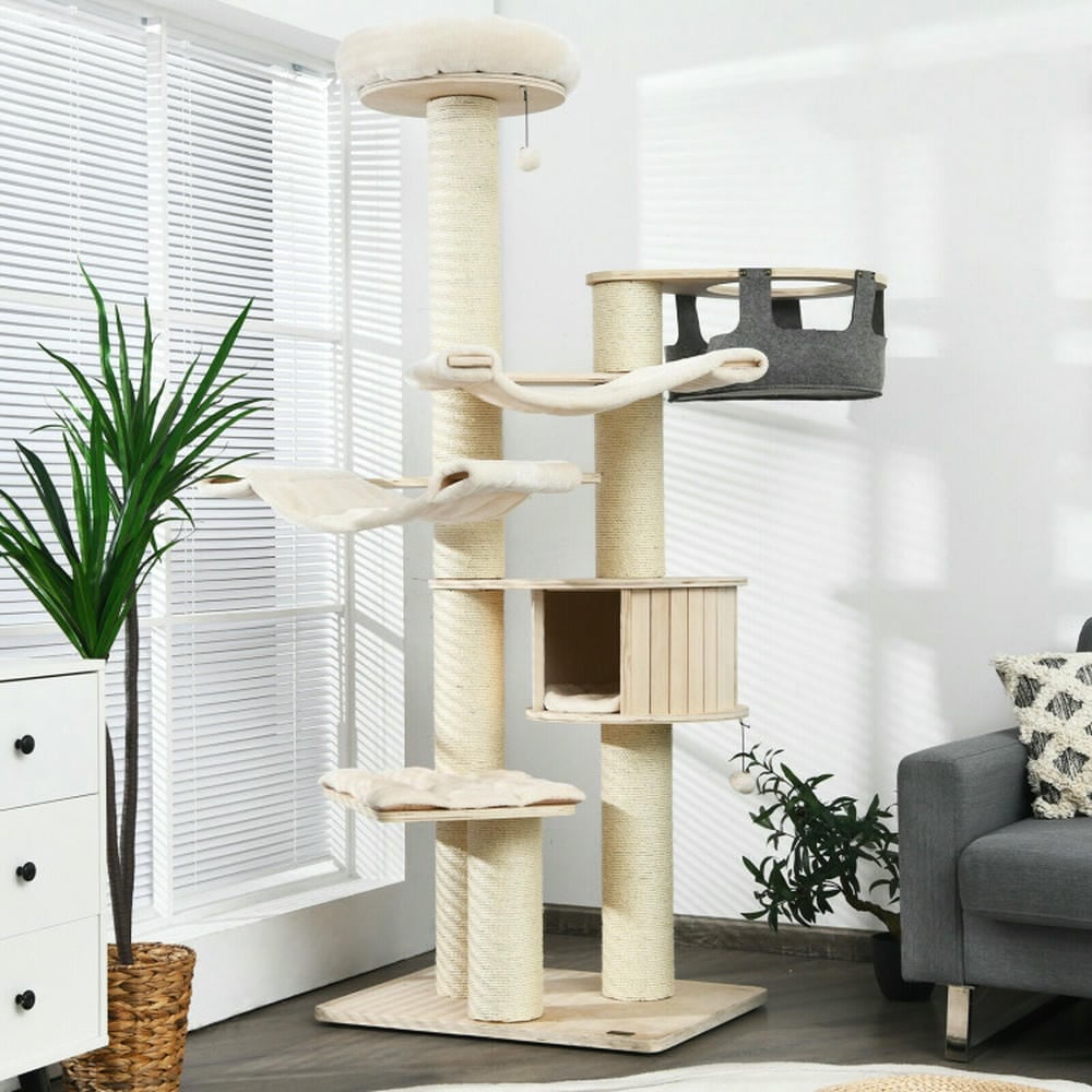 YYAo Large Cat Tree, Luxury Cat Tower Cat Condo, Cat Play House, 77.5-Inch Cat Tree Condo Multi-Level Kitten Activity Tower with Sisal Posts-Cream White