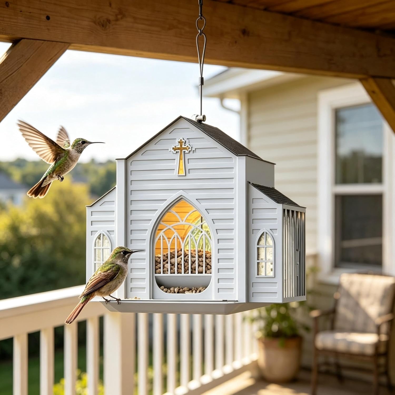 Solar Bird Feeders for Outdoors Hanging Church Shaped Metal Birdfeeder with Solar Light Wild Bird Feeders for Garden Home Decor