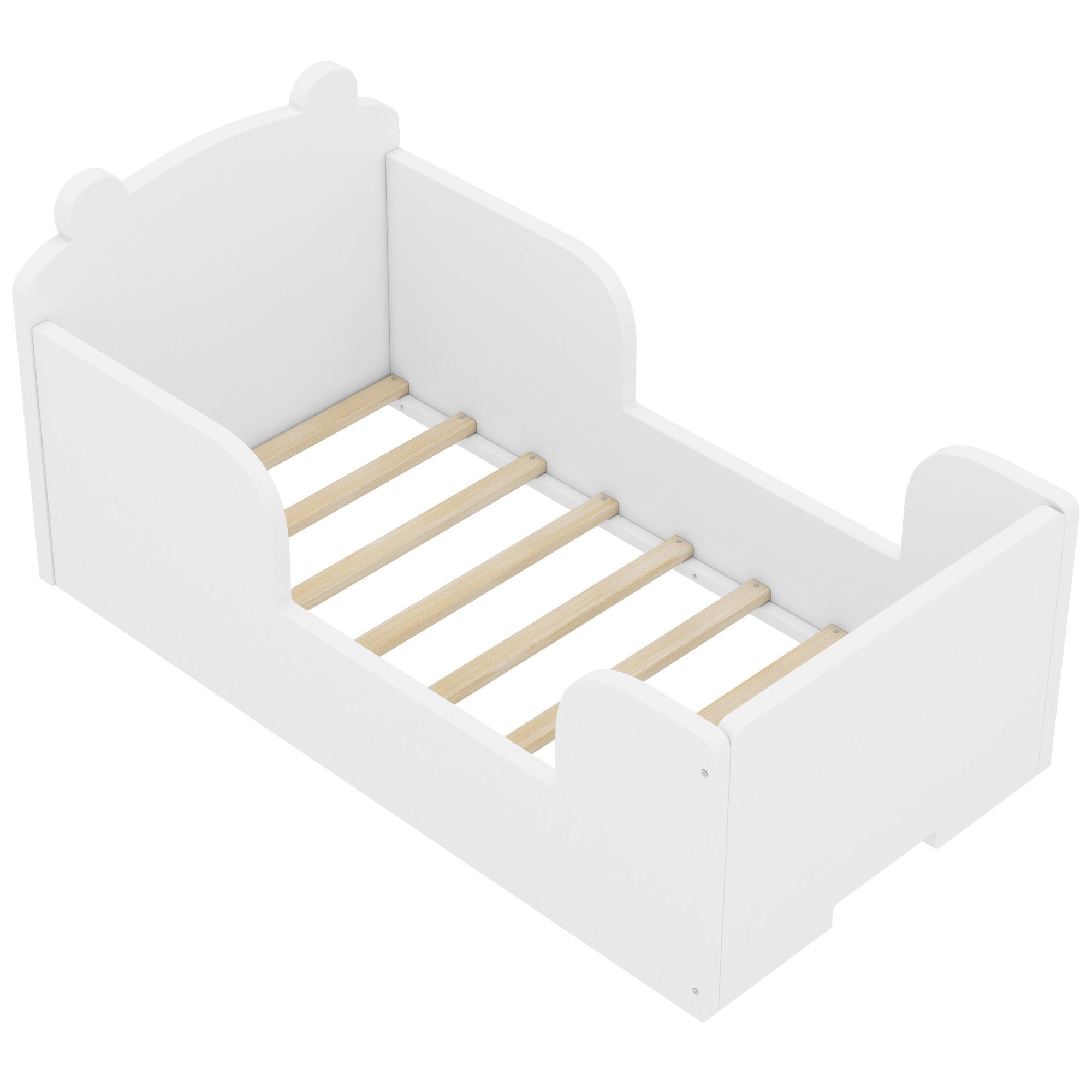 Aukfa Toddler Bed, Floor Bed Frame with Safely Rail and Bear Shape Headbroad for Kids Ages 2-6, White