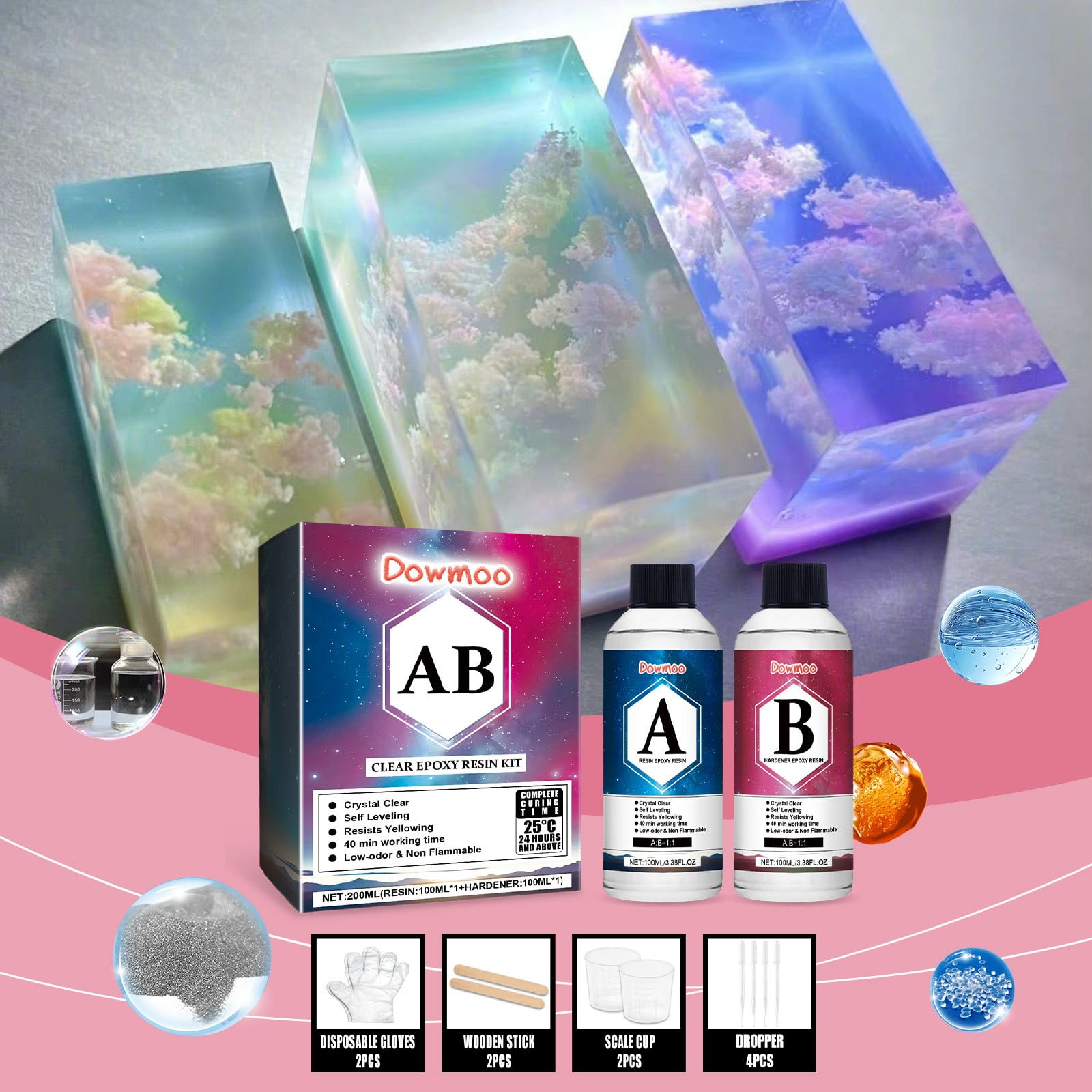 Dowmoo Epoxy Resin AB Glue Kit - High Transparency, Anti-Yellowing, Includes 1A Resin, 1B Hardener, 2 Stir Sticks, 1 Pair Gloves, 2 Mixing Cups - For DIY Crafts, Crystal Making, Art Projects, Jewelry