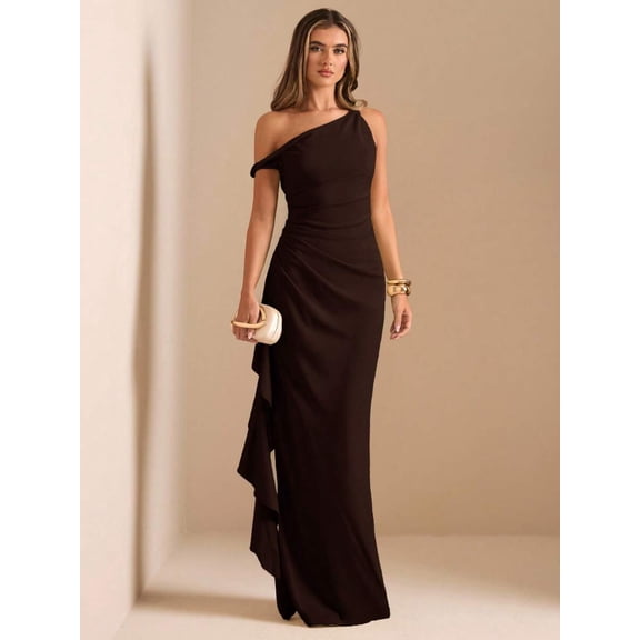 Coffee Brown One Shoulder Ruched Wrap Maxi Dress With Asymmetrical Ruffle Hem