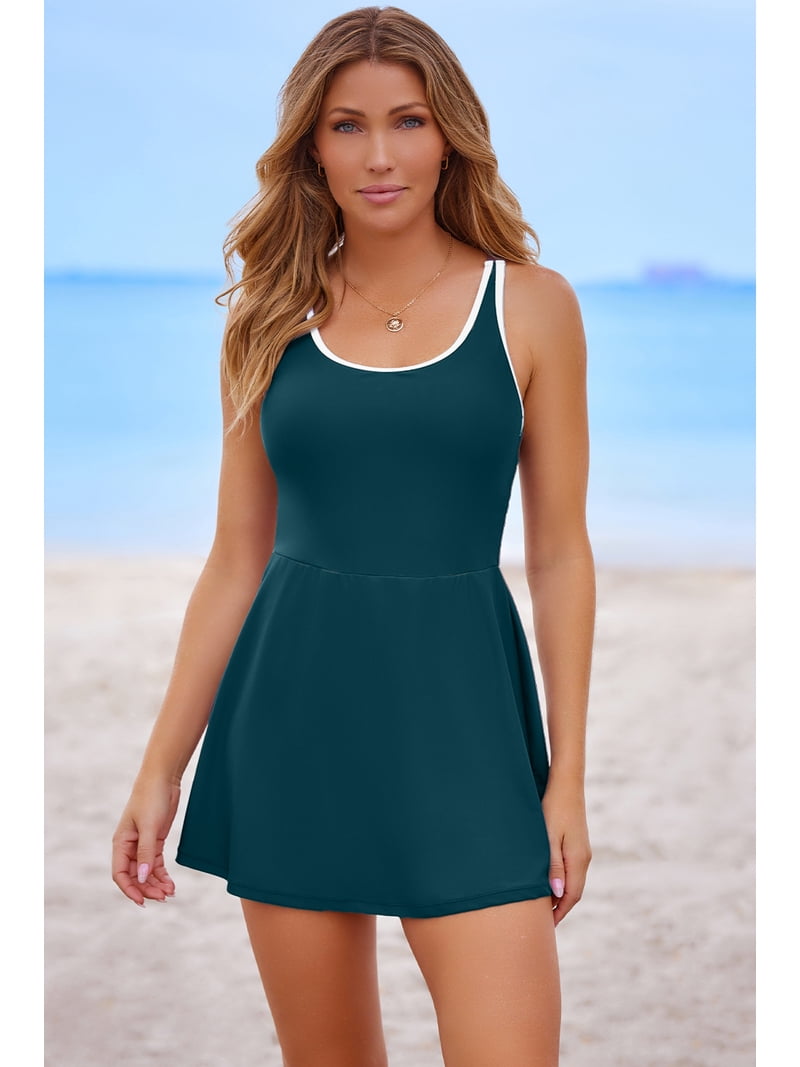 ZhiHiMeRi Women's Blue Sapphire Ruffled High Waist One Piece Swim Dress Chic Beach Style for Summer Fun, M, Size: Medium