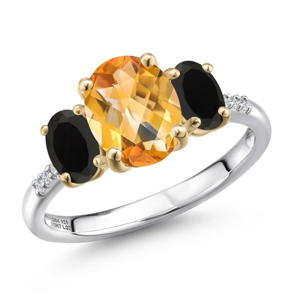 Gem Stone King 925 Silver and 10K Yellow Gold Yellow Citrine and Black Onyx and Lab Grown Diamond Engagement Ring for Women | 2.51 Cttw | Oval Checkerboard 9X7MM | November Birthstone | Size 5