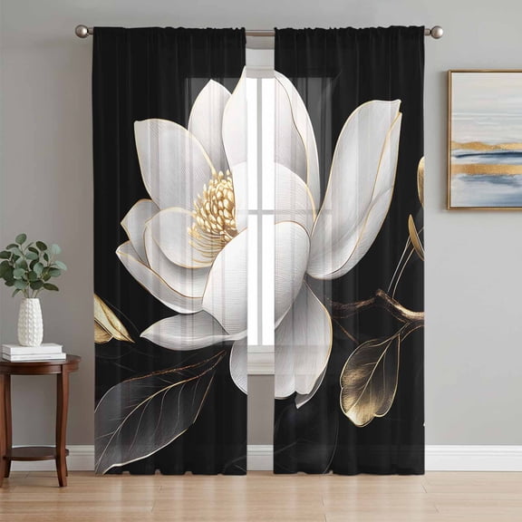 Gorgeous Flowers Sheer Curtains 63 Inch Length 2 Panels Set, White Gold Floral Botanicals Black Voile Window Treatment Rod Pocket Curtains Sheers Drapes for Bedroom/Living Room/Kitchen 52x"63"x2