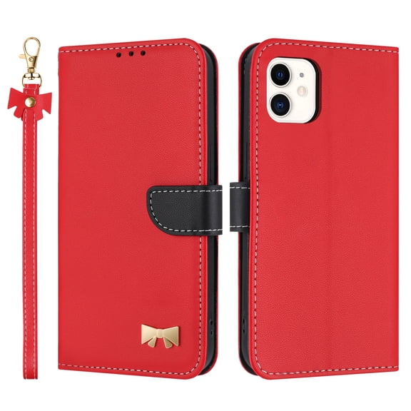 Allytechgroup Flip Wallet Case for iPhone 11, RFID Blocking PU Leather Phone Case with Credit Card Slot Shoulder Strap Wrist Strap Shockproof Back Cover for iPhone 11, Red