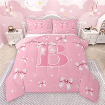 Castle Fairy Kids Teens Personalized Initial B Bedding Comforter Set 2pcs,Kawaii Pink Ribbon Bowknot Twin Comforter Sets Microfiber,Dreamy Princess Breathable Bedding Set,Luxury Bedroom Decor