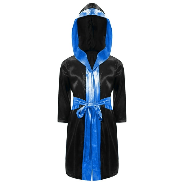 Yeahdor Enfants Garçons Robe de Boxe Art Martial Muay Thaï Uniforme Manches Longues Coup de Pied Boxe Robe à Capuche Ensembles Noir&Bleu D 8