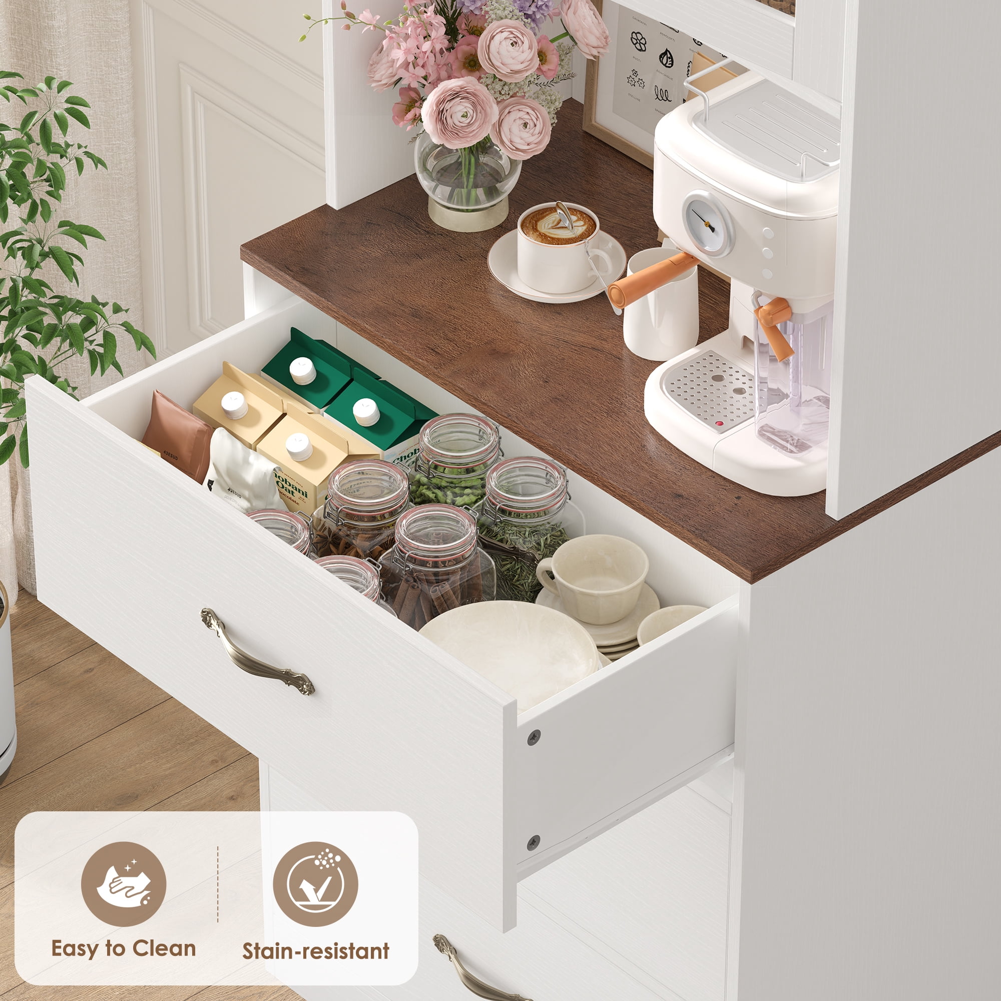 Homfa 71" Tall Kitchen Pantry Cabinet, Freestanding Storage Cupboard with Glass Doors, 3 Drawers & Adjustable Shelves, Modern Coffee Bar Cabinet for Kitchen Dining Room Living Room, White Oak