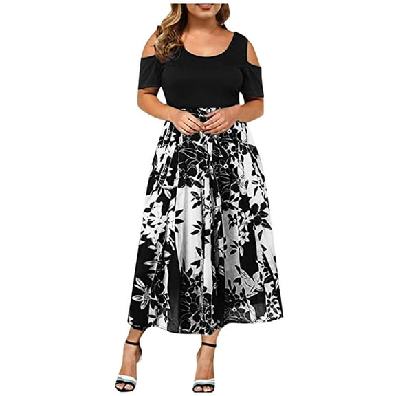 outfmvch black dresses for women plus size casual round neck strapless hollow short sleeve printing dress womens dresses fall dresses
