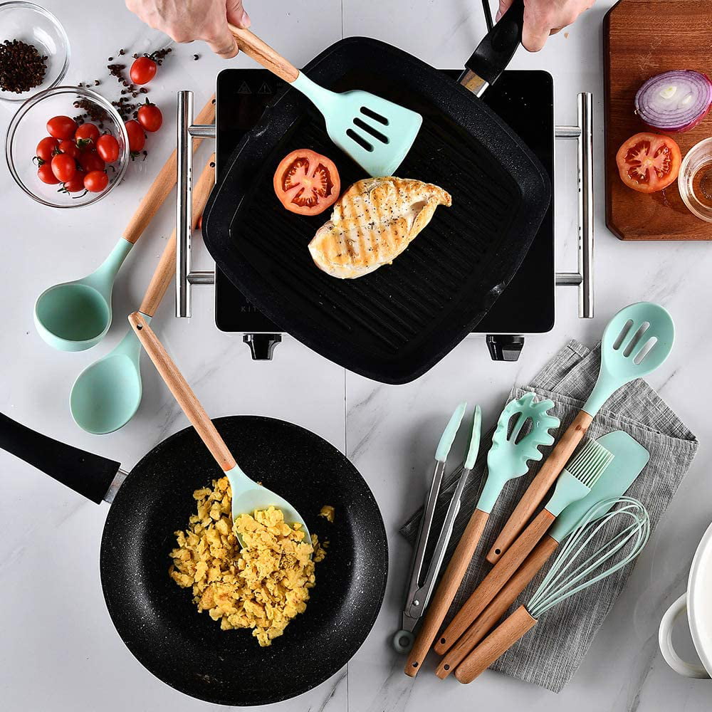 Wooden Handles Cooking Tools Turner Tongs Spatula Spoon for Nonstick Cookware Alotpower Kitchen Utensils 14 Pcs Cooking Utensils Set with Holder Silicone Kitchen Utensil Set 