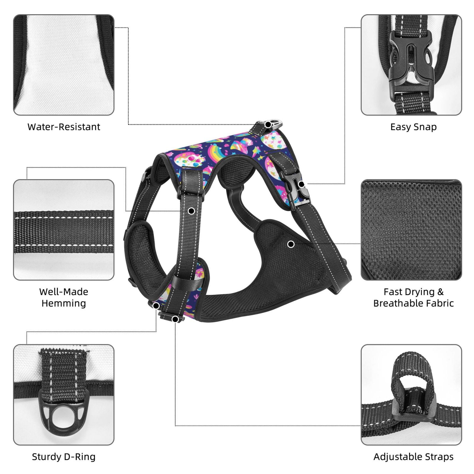 Vsdgher Skull mushroom rainbow space Pattern Dog Harness,No Pull Pet Harness with Soft Padded Handle,Adjustable Reflective Vest with 2 Buckles,4 Slide Buckles,S-XL X-Large