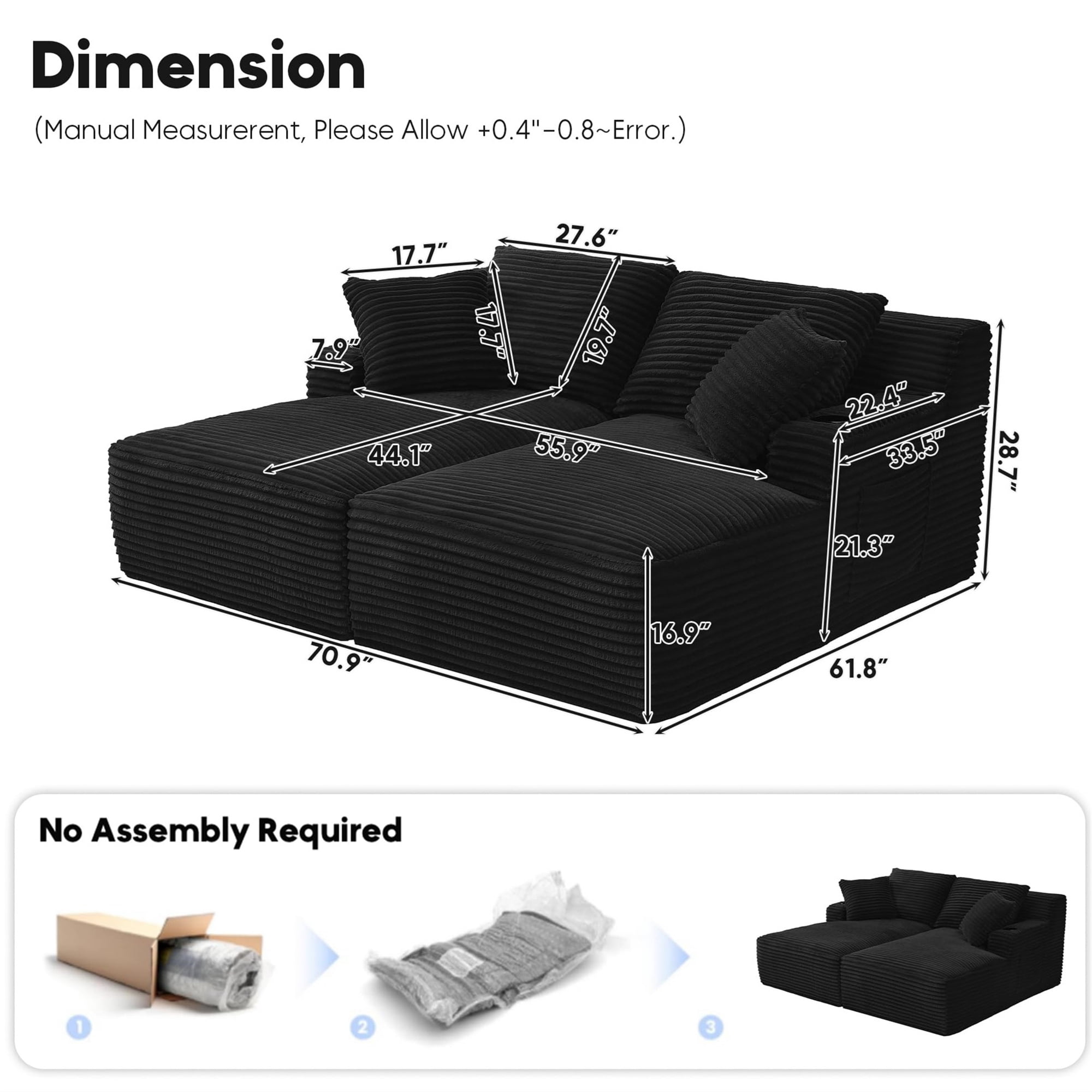 Aukfa Oversized Double Chaise Lounge Modular Boneless Couch for Living Room, 2 Cup Holders, 4 Pillows, Corduroy, Black