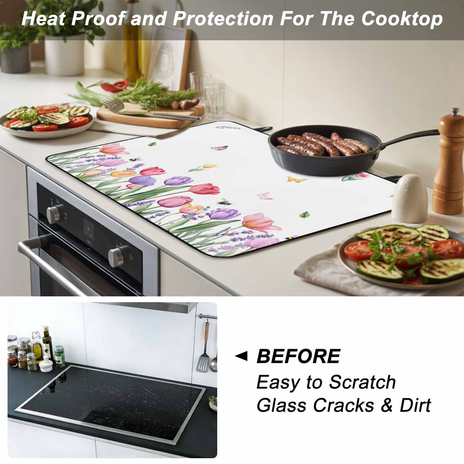 Spring Tulips Stove Top Cover for Electric Stove, Heat-proof & Non Slip Glass Top Stove Cover Protector, Colorful Floral Spring Farmhouse Kitchen Flat Cooktop Rubber Mat 24x21 Inches