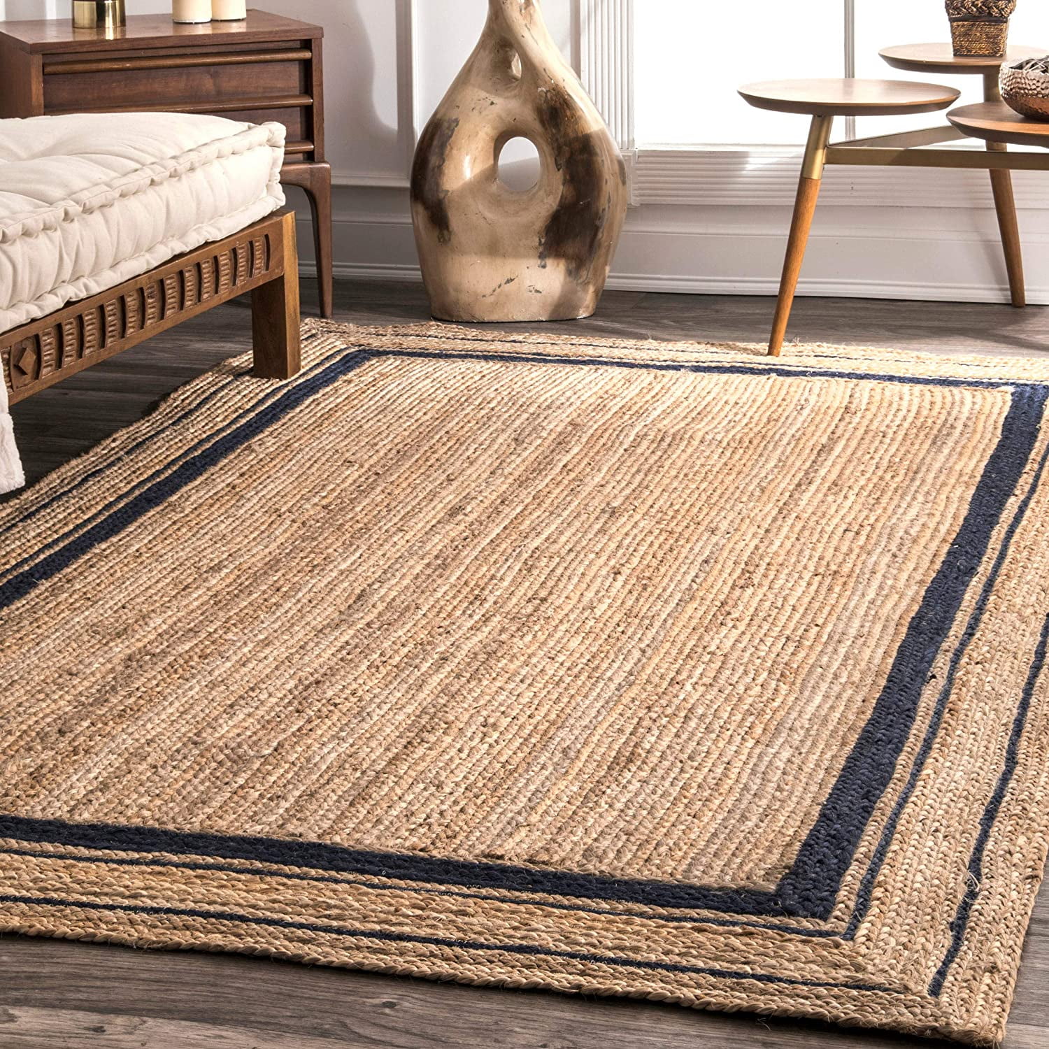 Handmade Natural Jute Area Rug with Navy Border