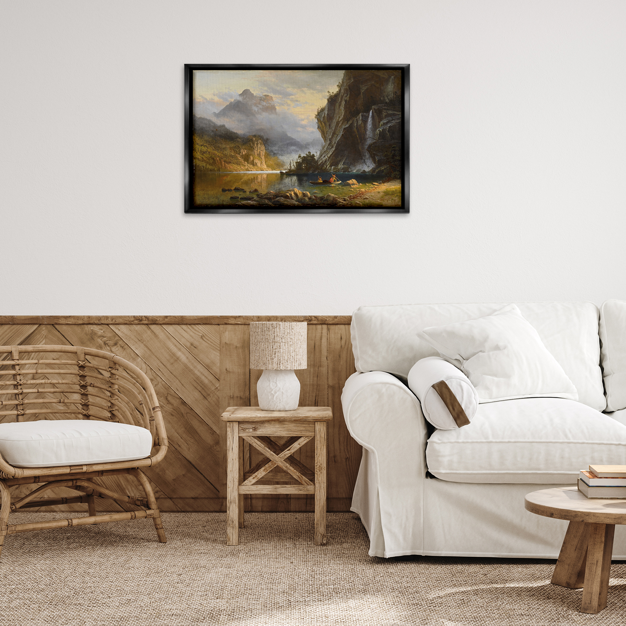 Stupell Industries Classical Spear Fishing Landscape & Nature Painting Black Floater Framed Canvas Art Print Wall Art, 31 x 21