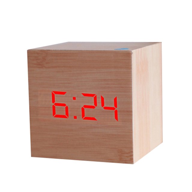 Flmtop Wooden Square Digital LED USB Desk Alarm Clock Table Voice Control Decoration