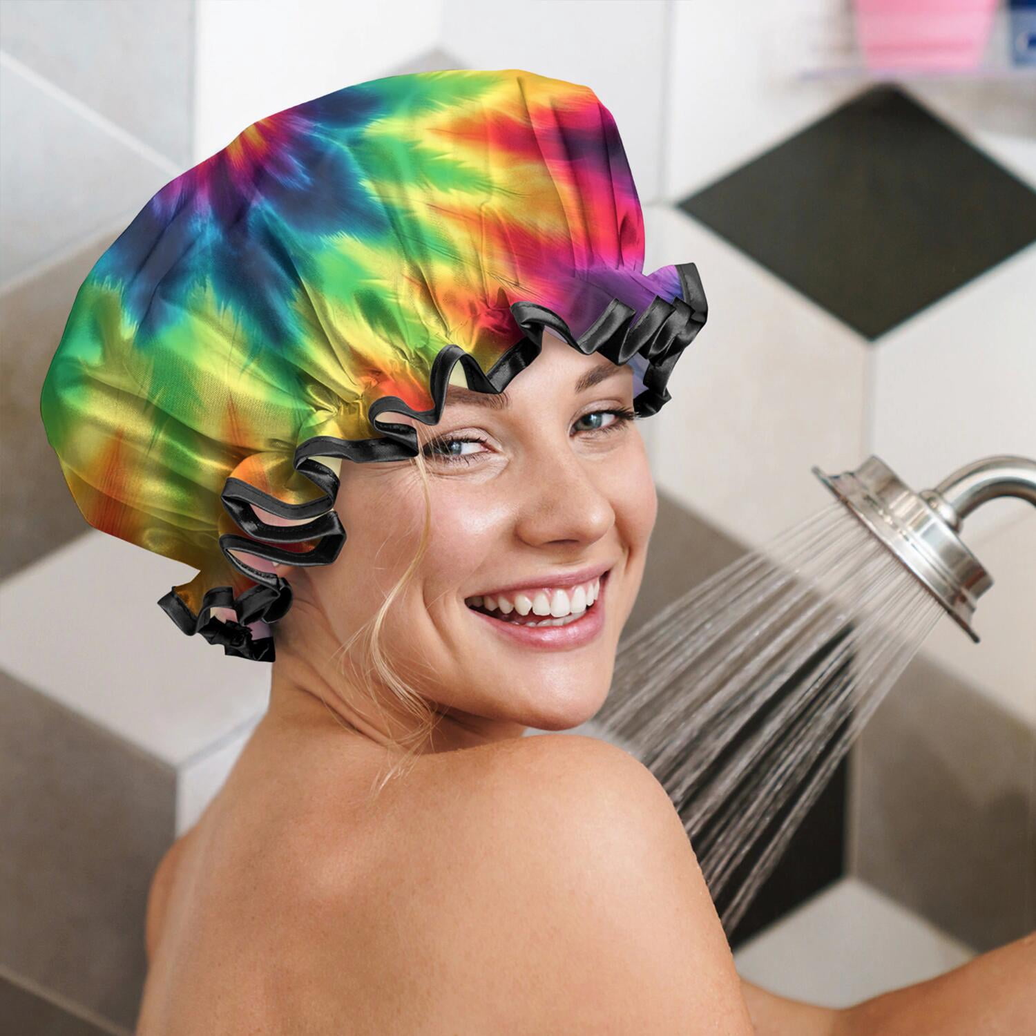 Shower Caps,Rainbow Tie Dye Mandala Pattern Waterproof Shower Cap for Women 4 Pieces,Double Reusable Hair Cover for Shower PEVA Elastic Stretch Hem