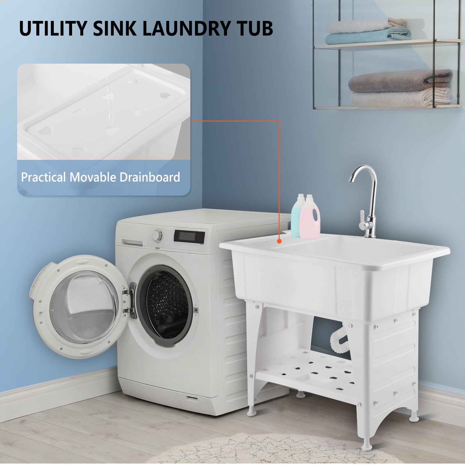 Spacious White Utility Sink Laundry Tub Freestanding Wash Station W/ Shelf, Removable Drainboard, Stainless Steel Faucet