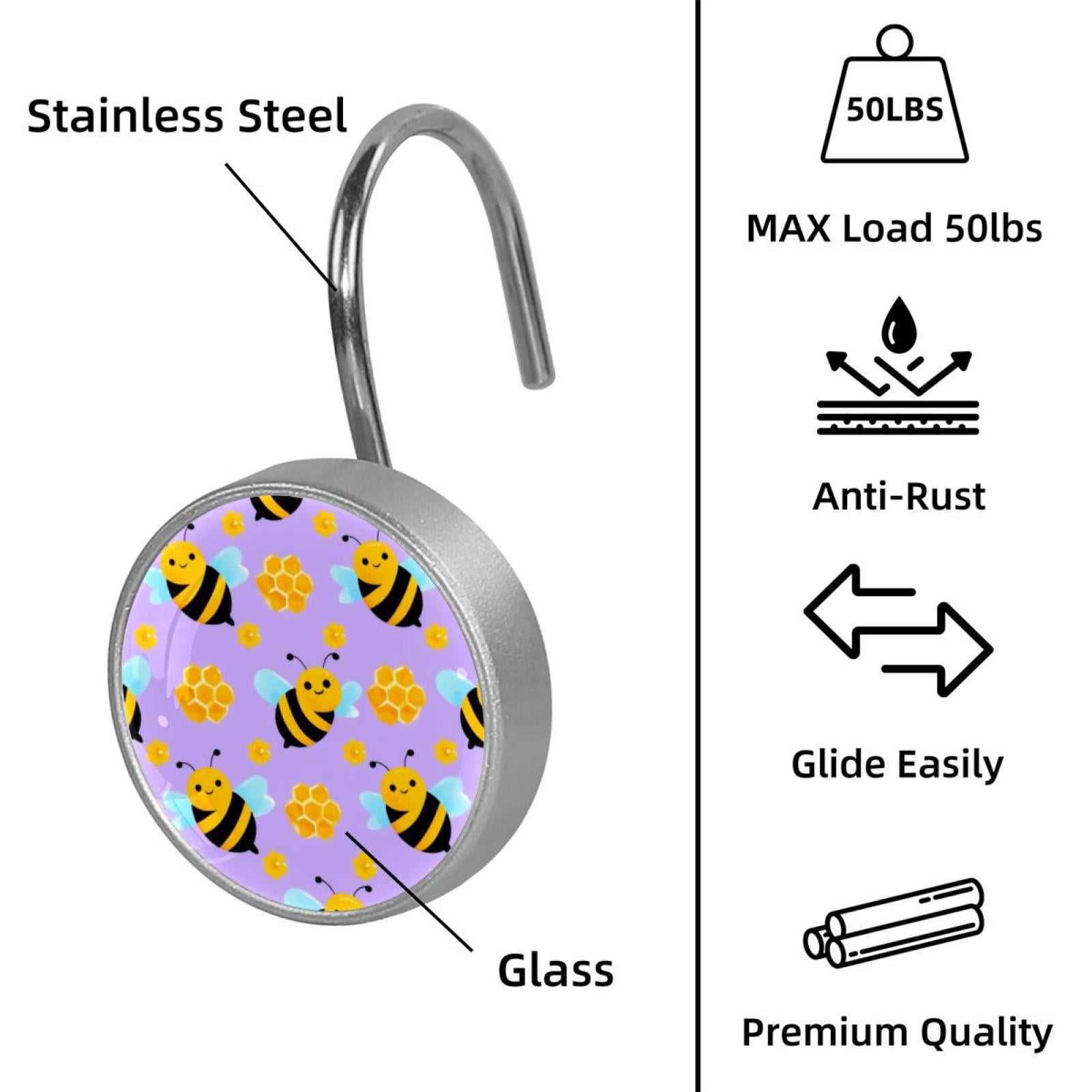 12pcs Decorative Shower Curtain Hooks, Rust Resistant Shower Rings for Bathroom Living Room,Rustproof Stainless Steel Rings for Shower Curtain and Liner Rods,Honey Honeycomb Purple