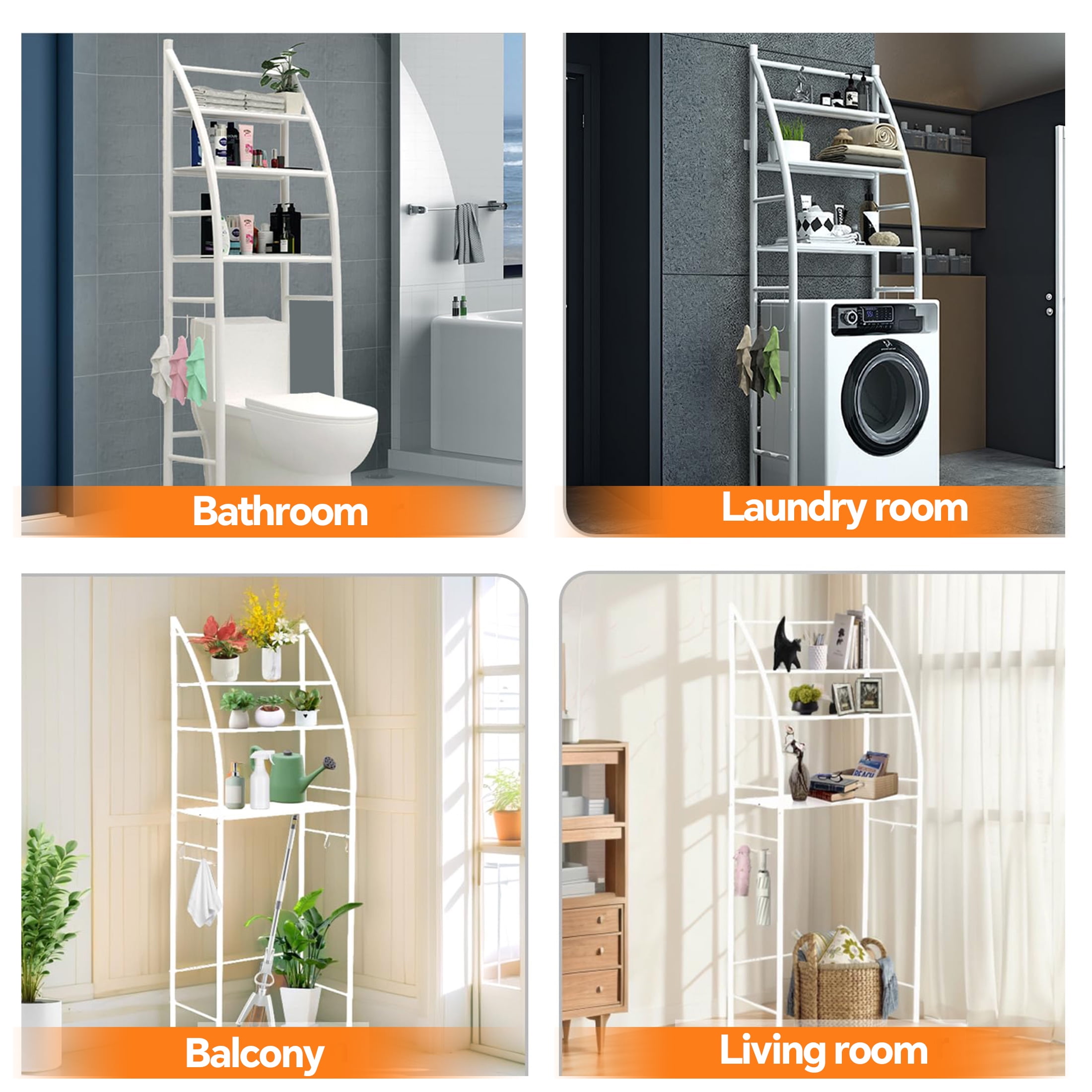 HIOHA 3-Tier Over Toilet Storage Rack with Toilet Paper Roll Holder & 4 Hooks, Steel Bathroom Space Saver Organizer, White