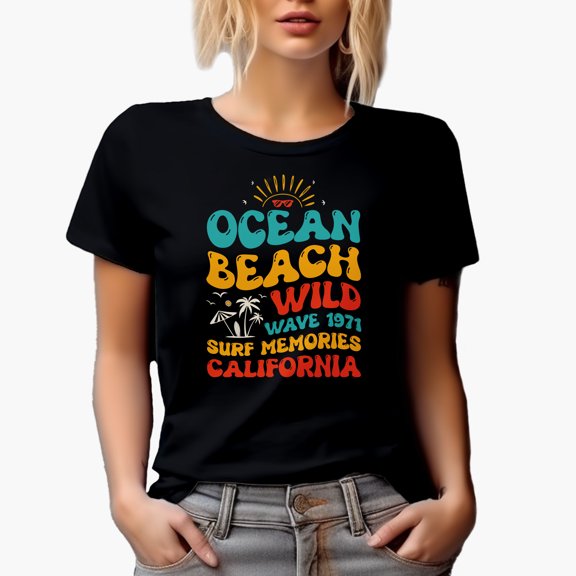 Ocean Beach Wild Wave 1971 Surf Memories California, Retro Quote, Groovy Retro Wavy Text Merch Gift, Black T-Shirt, Small