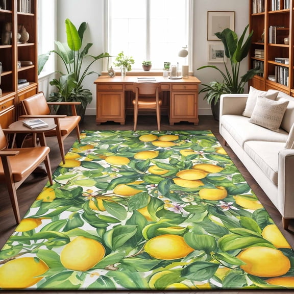 Area Rugs 3'x5', Summer Lemon Carpet Runner Indoor Outdoor Rugs Home Decor Aesthetic, Watercolor Yellow Fruits Green Leaves Non Slip Mats Washable Accent Rug for Living Room Bedroom