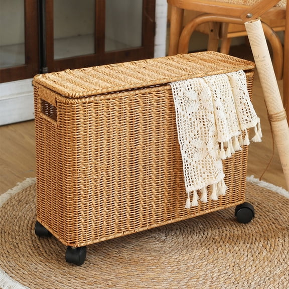Woven Storage Basket with Wheels, Large Desktop Clutter Organizer with Handles for Living Room, Bedroom, and Home Storage