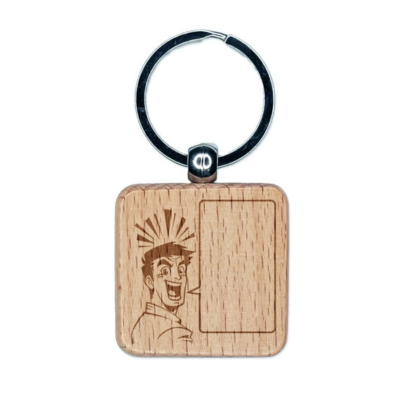 Happy Excited Manga Man with Empty Speech Text Bubble Square Keychain Charm Tag - Engraved Wood