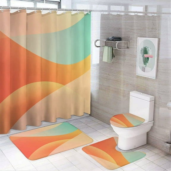 Shower Curtain Set 4 Piece include Shower Curtain and Rugs and Non Slip U Shaped Toilet Rugs Luxury Bathroom Decor Abstract Colorful Green And Red Vector Wave