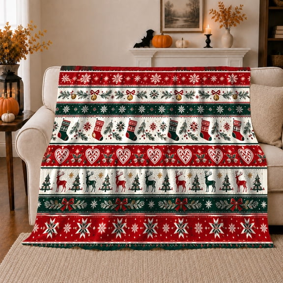 Nordic Fair Isle Christmas Pattern Red Green Snowflakes, Festive Holiday Scene, Warm Flannel Blanket for Living Room and Family Room, Art Lovers Christmas Gift, Festive Home Decor