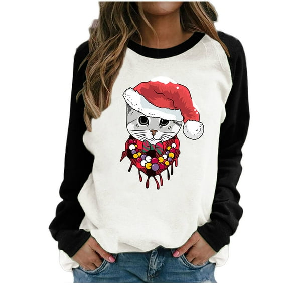 Fesfesfes Ugly Xmas Sweater Women Round-Neck Color Block Chriasmas Cat Graphic Printing Long Sleeve Tops Blouse Sale Clearance