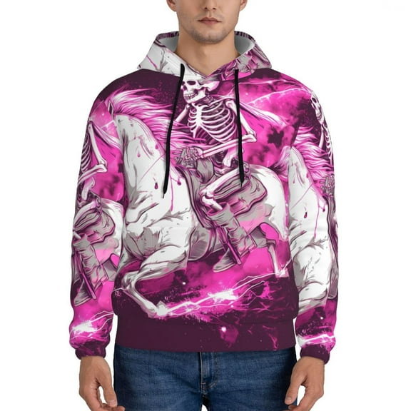 Tebeau Skull White Horse Print Mens Casual Hooded Collar Drawstring Hoodies Pullover Sweatshirts Casual Long Sleeve Shirts-Large