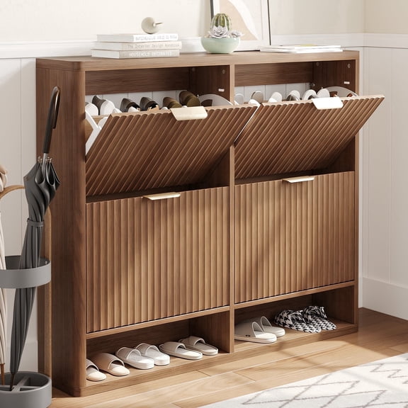 Pusnapku 47" Fluted Shoe Cabinet, Freestanding Entryway Cabinet with 4 Flip Darwers, Narrow Hidden Shoe Storage Organizer for Hallway, Living Room