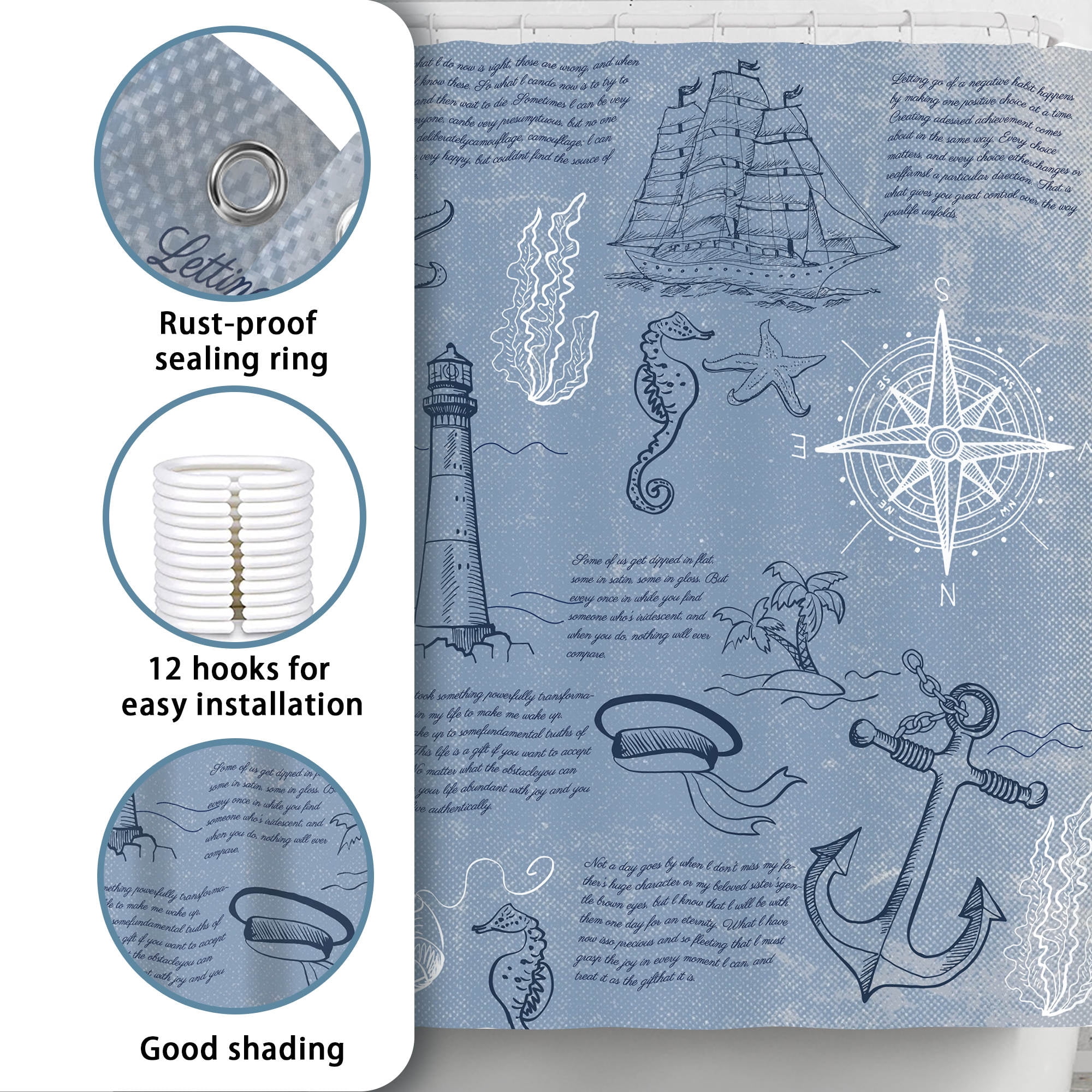 Planially Blue Fabric Shower Curtain and Rug Sets Waterproof 16 Pc Bathroom Set 72" x 72"
