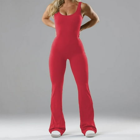 Tank Top Bodysuit for Women Summer Tight Flared Hem Long Pant Body Suit Slimming Pleated Cutout Back Bodycon Shapewear  Watermelon Red  XL